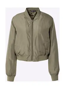 Olive bomber jacket on white background.