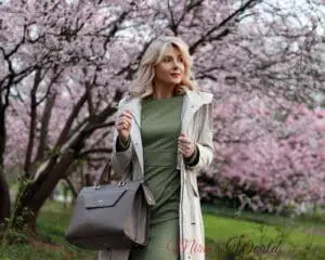Woman with bag and pink blossoms.