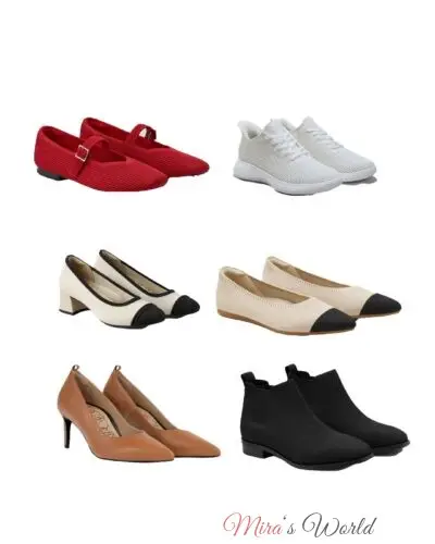 Variety of women's shoes on white background.